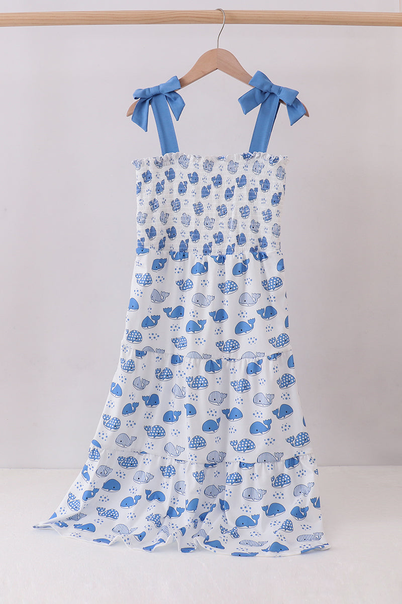 Blue whale smocked ruffle mom&me dress 2XL