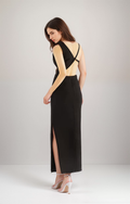 Asymmetrical geometric concept hallowed back pencil skirt satin prom dress Black