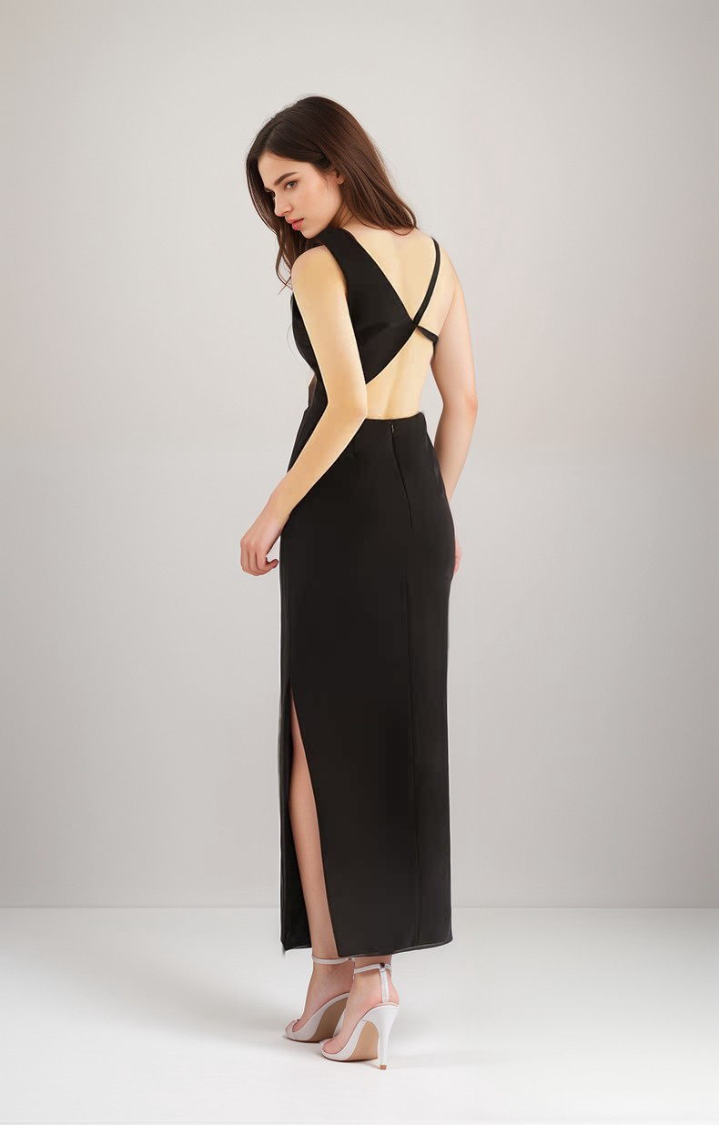 Asymmetrical geometric concept hallowed back pencil skirt satin prom dress Black