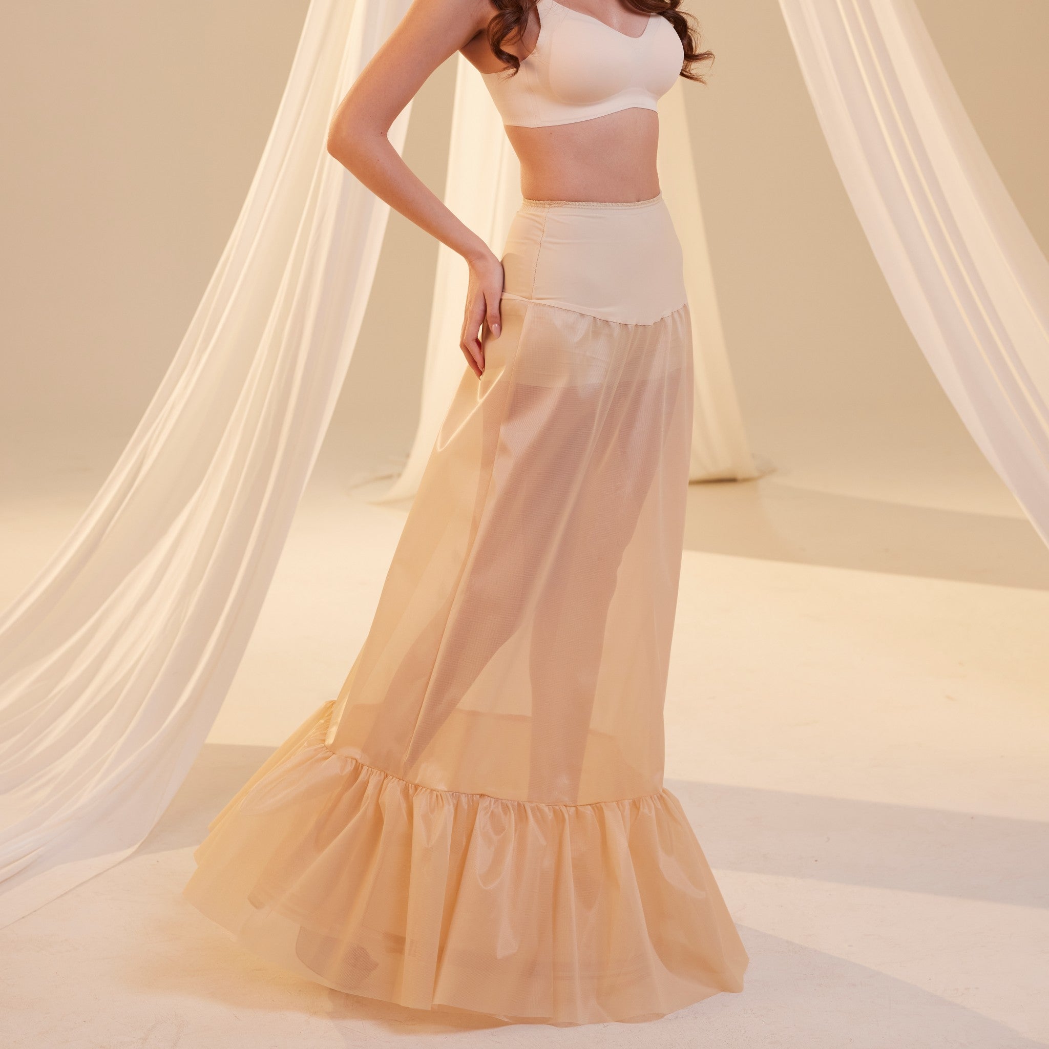 Nude Mermaid Petticoat Skirt with Waist Corsage , Bridal Crinoline Slip