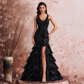 Long Elegant Oblique Shoulder Elegant Cocktail Party Dinner Dress Luxury Split Bridesmaid Graduation Dress Tiered Dress Women Black