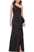 One Shoulder Elegant Solid Color Slim Waist Split Fishtail Side Ruffled Evening Dress Black