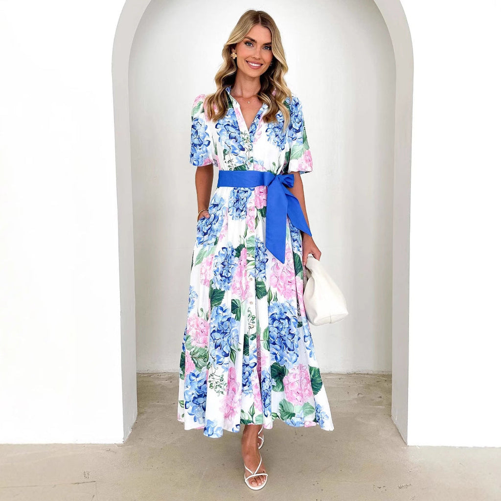 Printing Bohemian Dress Spring Summer Short Sleeves Belt a Word Dress Ladies Blue