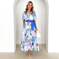 Printing Bohemian Dress Spring Summer Short Sleeves Belt a Word Dress Ladies Blue