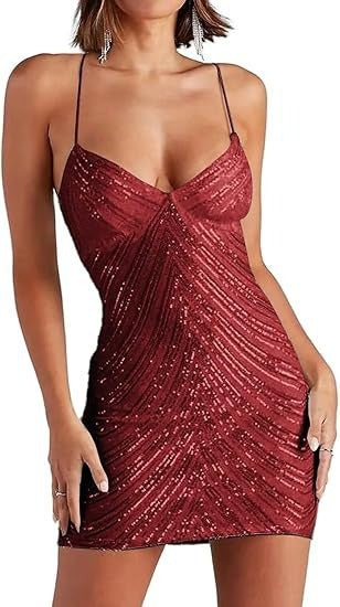 Middle East Summer Sexy Strap Vintage Sequined Dress Burgundy