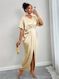 Women Clothing Early Autumn Satin Dress Ball Gown Satin Waist Tight Maxi Dress Apricot