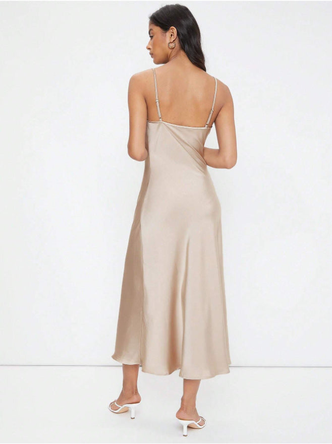 Women Clothing Spring Summer Satin Sling Deep V Plunge neck Slim Solid Color Dress Ivory