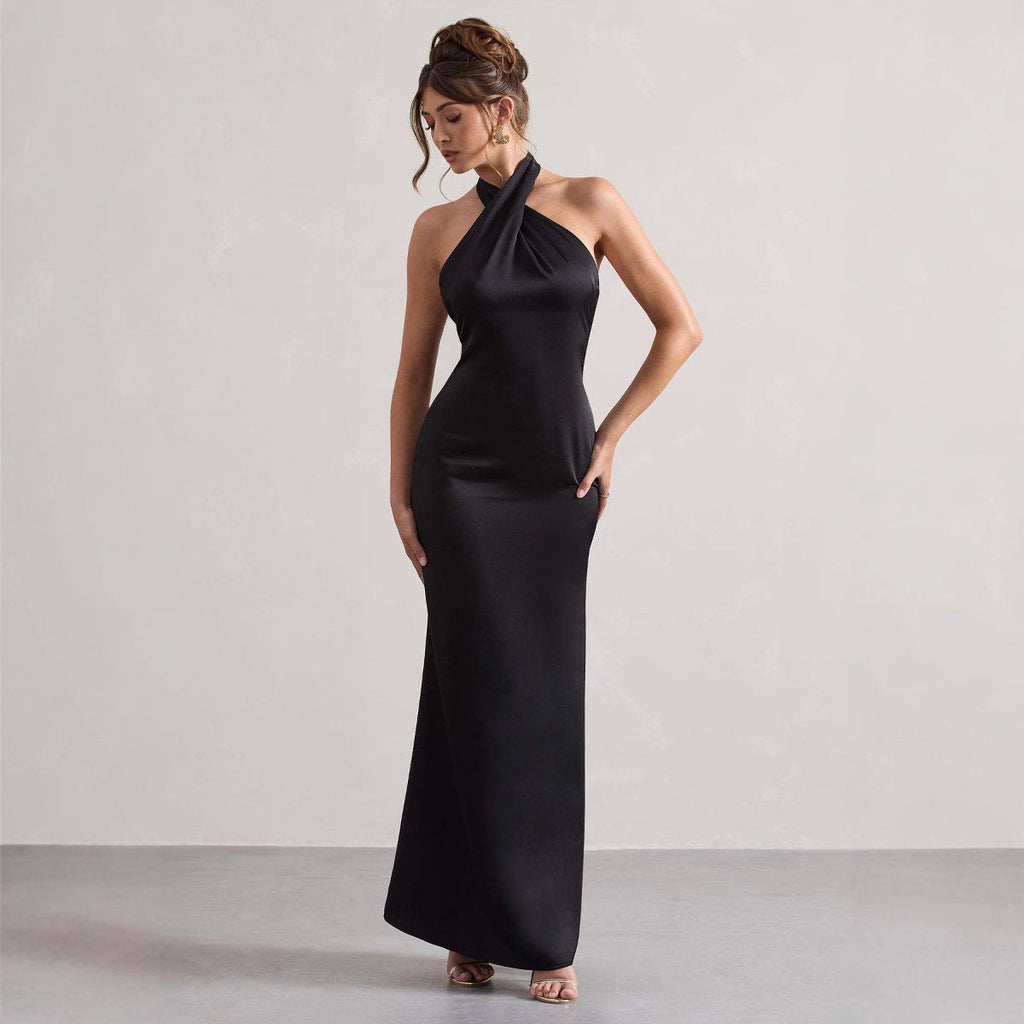 Halter Evening Dress Elegant Slim Dress Cocktail Party Dress Black