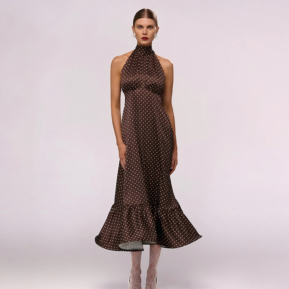 French Halter Polka Dot Satin Dress Sexy Elegant Backless Waist Trimming Dress