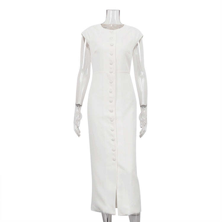 Round Neck Flying Sleeves Dress Women Elegant Waist Single Breasted White Sheath Dress White