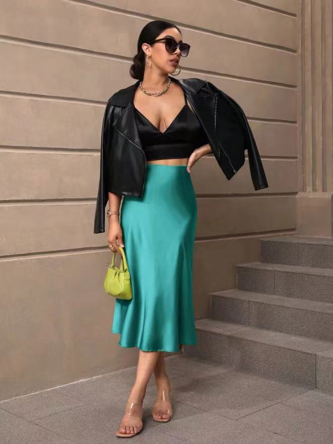 Hip Wrapped Fishtail Skirt Satin Mid Length Skirt Autumn Women Clothing Direct Turquoise