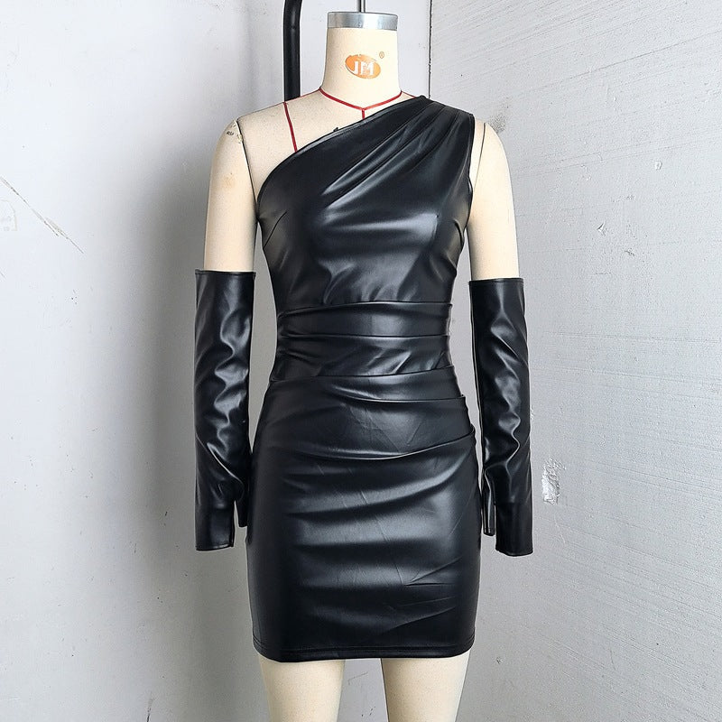 Faux Leather Dress Street Hipster Women Clothing Diagonal Collar Sleeveless Oversleeve Tight Waist Sheath Dress Black