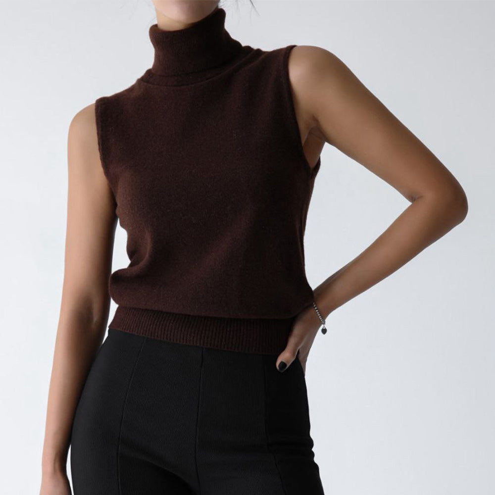 Knitted Sleeveless Vest Autumn High Neck Vest Sweater Minimalist Vest Top Women Coffee