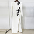 Dress Embroidered Beads Beaded Floral Long Sleeve Split Maxi Dress White