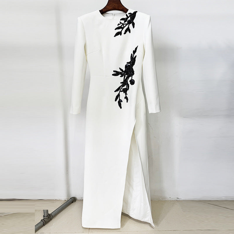 Dress Embroidered Beads Beaded Floral Long Sleeve Split Maxi Dress White