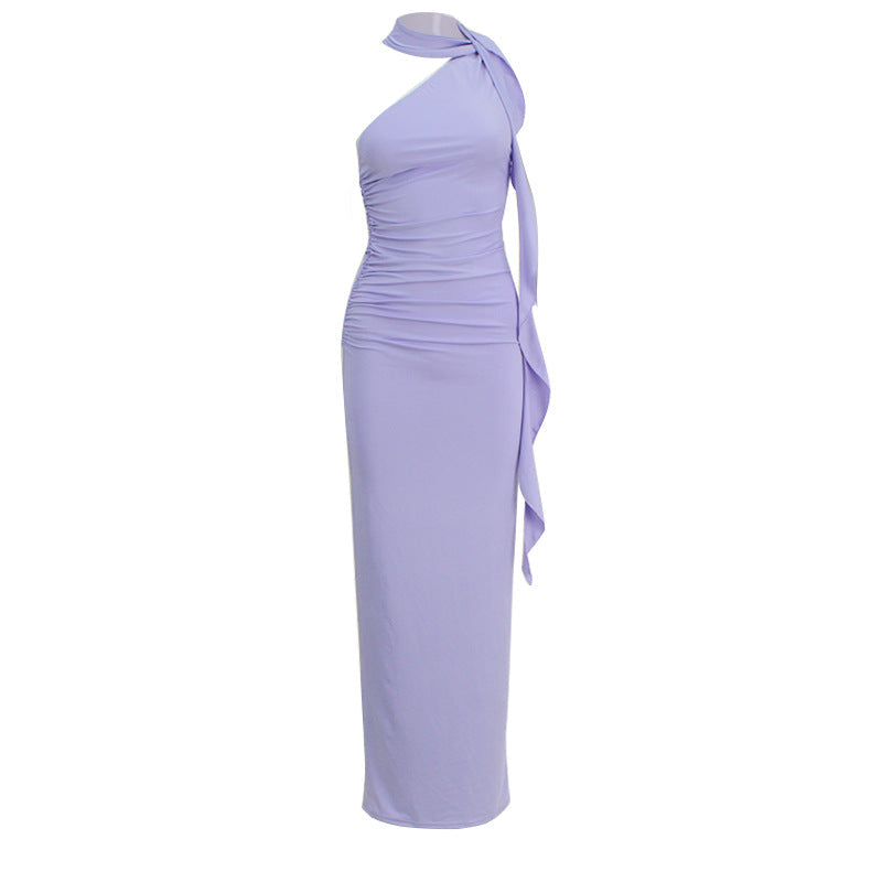 Elegant Women Clothing One Shoulder Sexy Tight Backless Sexy High Waist Strap Dress for Women Blue