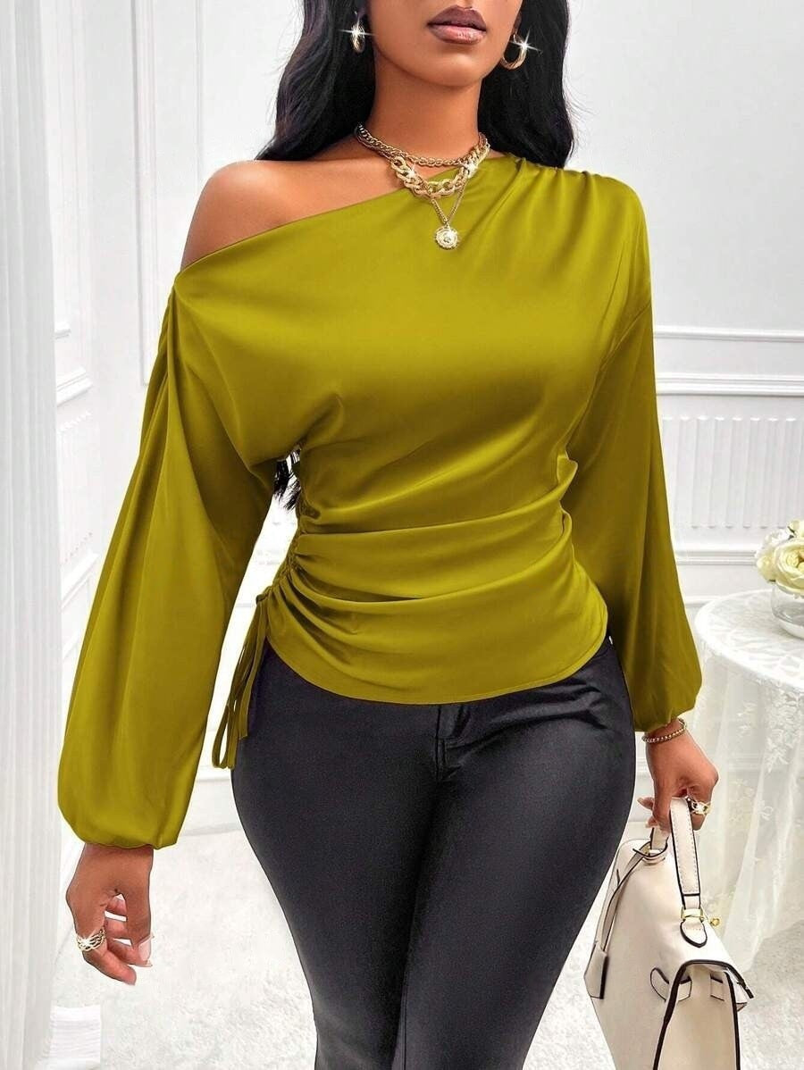 Women Clothes Satin Shirt Autumn Winter Asymmetric Long Sleeve Diagonal Collar Shirt Top Yellow