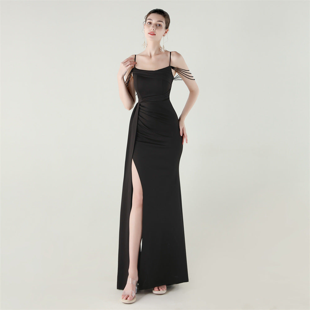 Bandeau Sling Satin Craft Beaded Chain Fishtail Evening Dress Dinner Wedding Ball Black