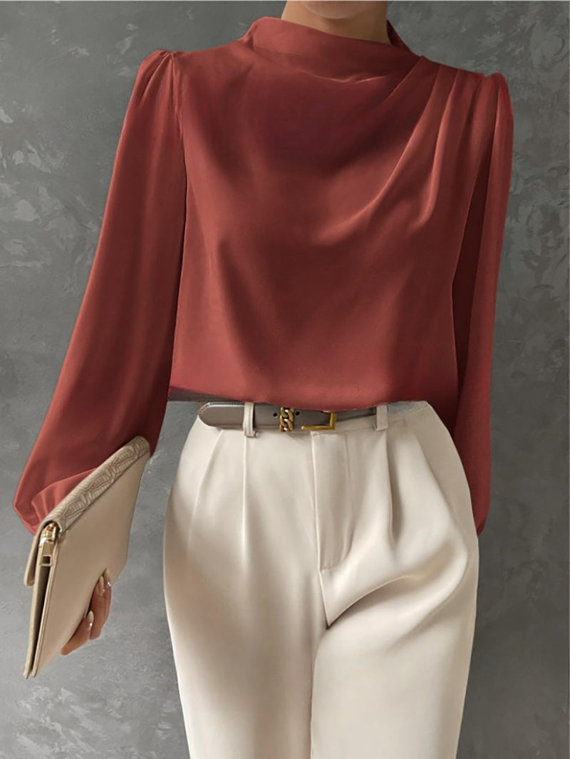 Solid Color Pleated Women Shirt Elegant Pullover Satin Top Office Long Sleeve Top Coral