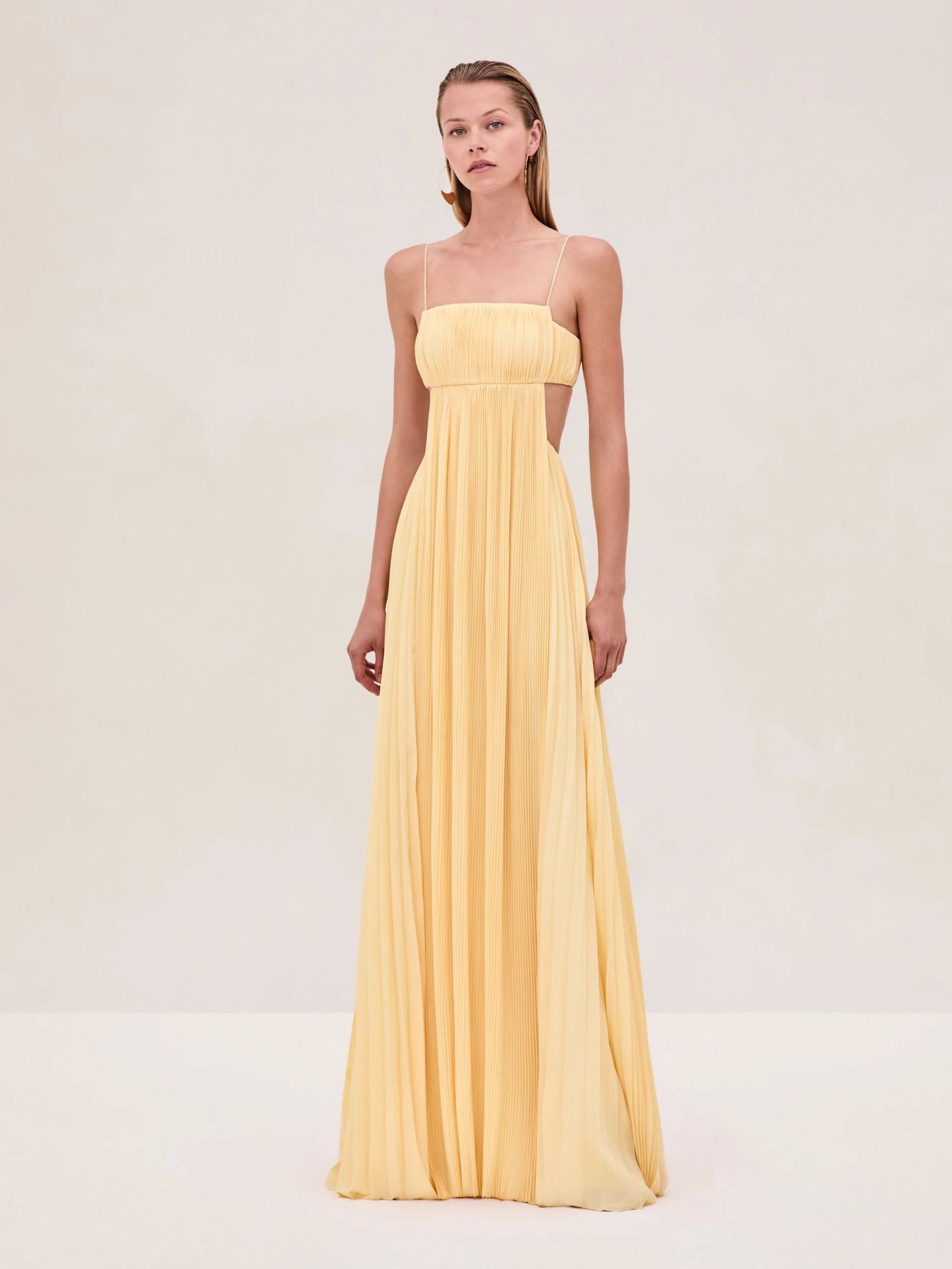 Women Summer Cami Dress Sexy Pleated Backless Dress Yellow