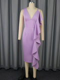 Women Clothing Sexy V neck Strap Dress Elegant Ruffle Slim-Fit Sheath Cocktail Evening Dress Lilac