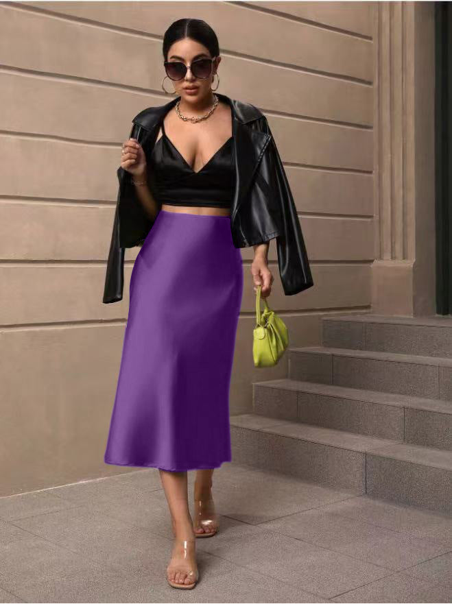 Hip Wrapped Fishtail Skirt Satin Mid Length Skirt Autumn Women Clothing Direct Deep purple