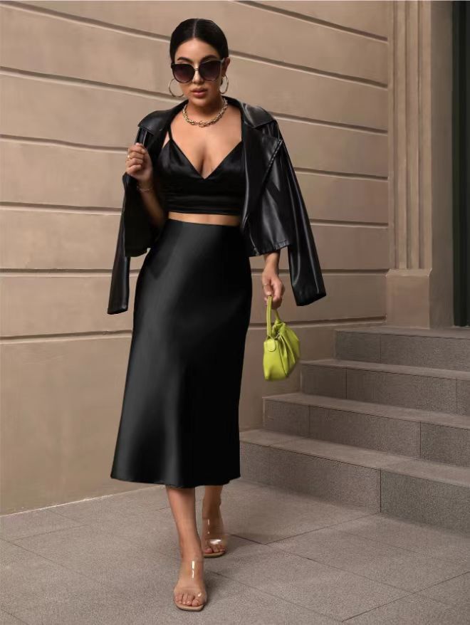 Hip Wrapped Fishtail Skirt Satin Mid Length Skirt Autumn Women Clothing Direct Black