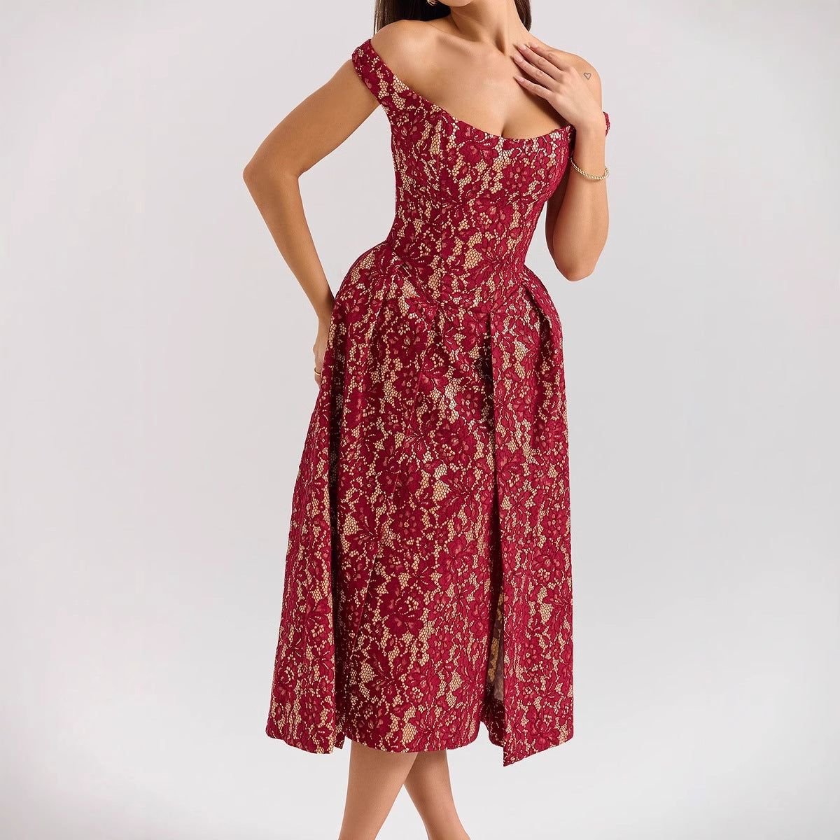 Spring Summer Women Clothing Fashionable off Shoulder Backless Slim Fit Waist Trimming Printing Dress Women Burgundy