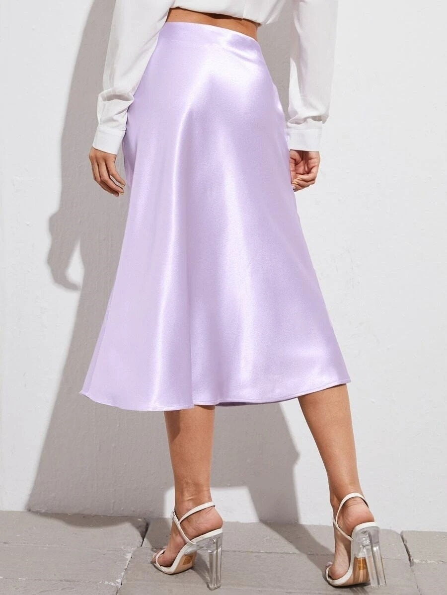 High Waist Satin Skirt Autumn Winter Women Midi Skirt Zipper Satin Skirt Purple
