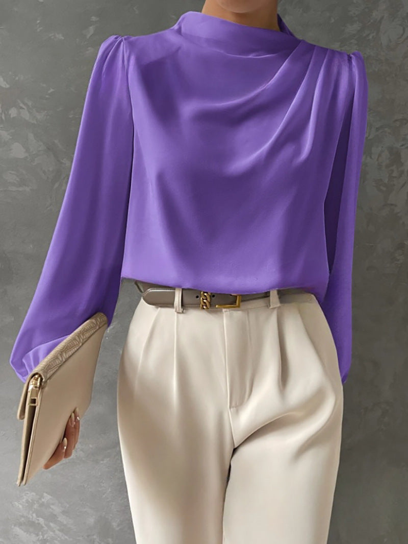 Solid Color Pleated Women Shirt Elegant Pullover Satin Top Office Long Sleeve Top violet