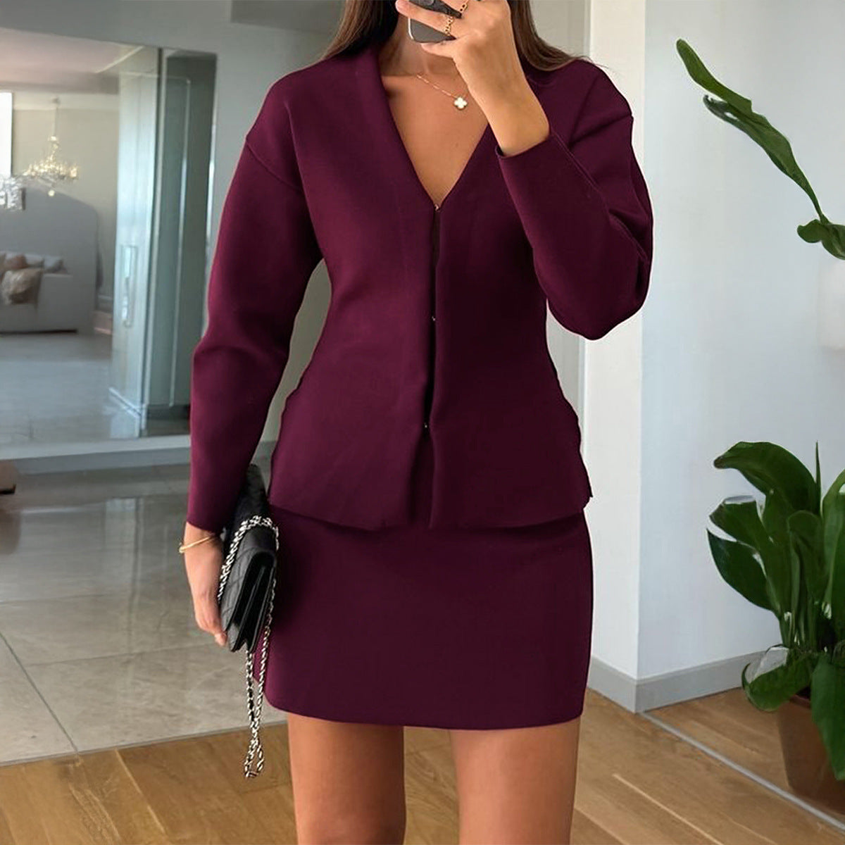 Minimalist Wool Long Sleeve Shirt Sweater Women Clothing Autumn Winter Burgundy