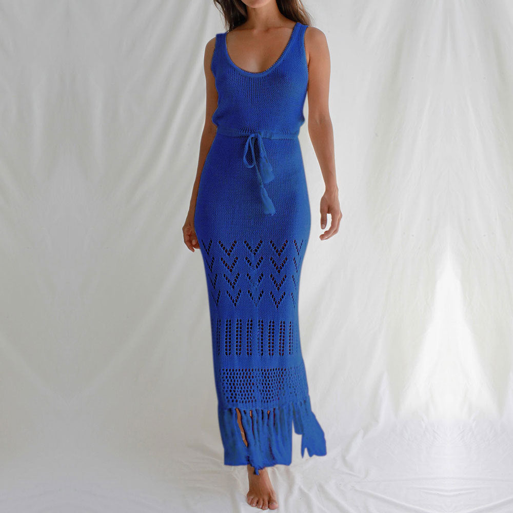 Sunscreen Beach Dress Hollow Out Cutout out Strap Women Maxi Dress with Tassel Bikini Swimsuit Blouse Blue