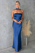 Summer Women Clothing Sexy Halter Satin Mercerized Maxi Dress Blue