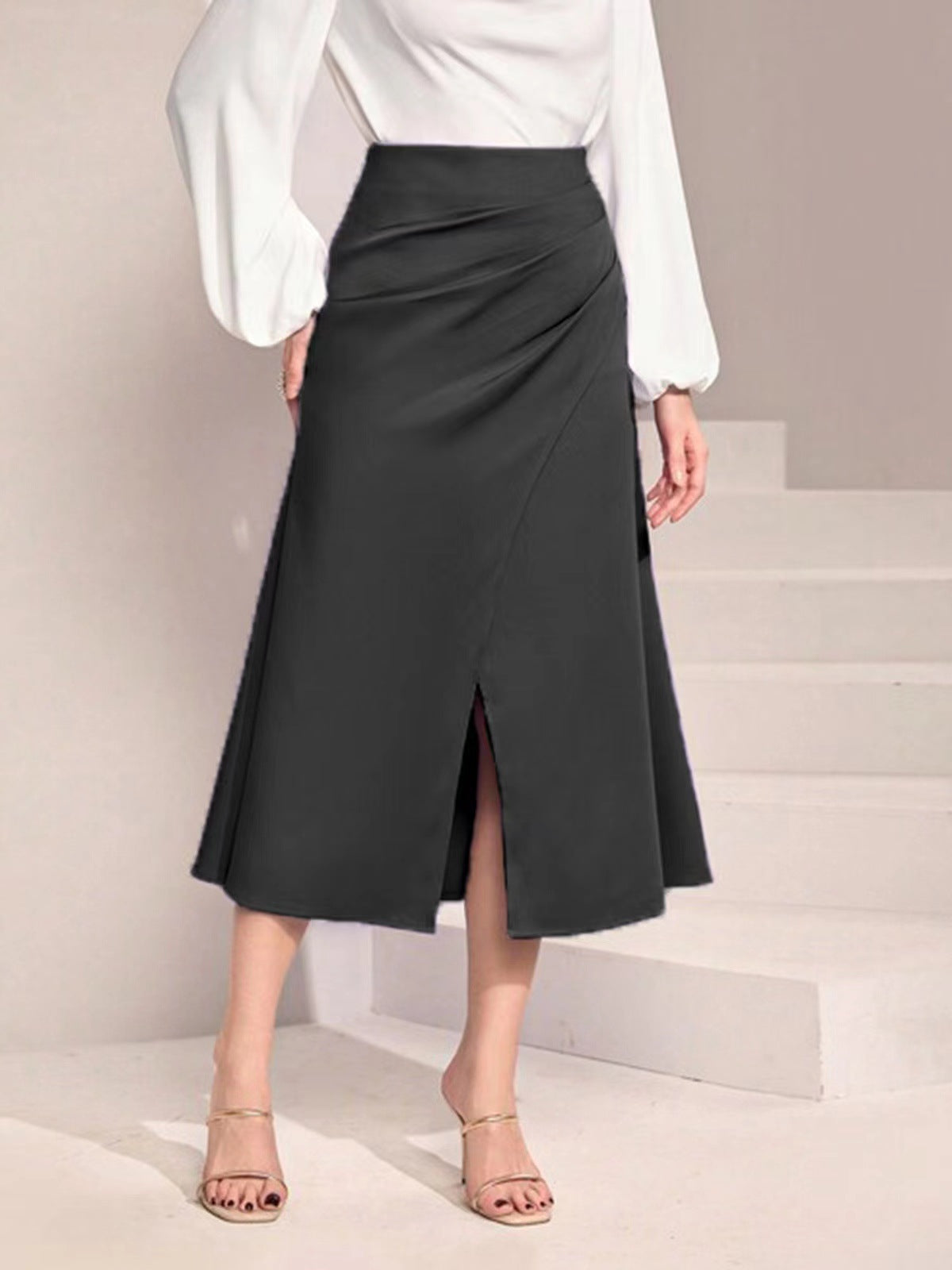 Women Clothing High Waist Satin Pleated Split Dress Solid Skirt Zipper Fishtail Hip Skirt Black