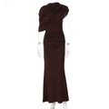 Women Clothing Summer Oblique Shoulder Design Skinny Sheath Pleated Irregular Asymmetric Dress Brown
