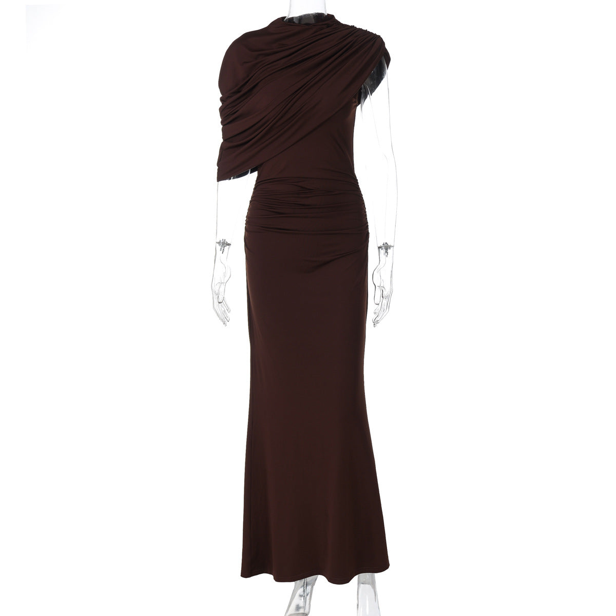 Women Clothing Summer Oblique Shoulder Design Skinny Sheath Pleated Irregular Asymmetric Dress Brown