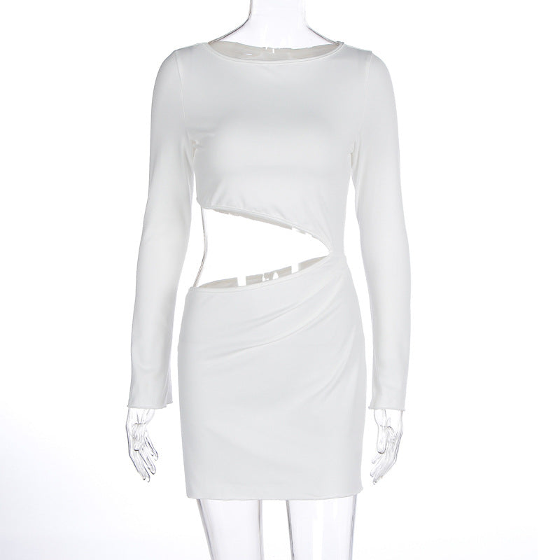 Women Clothing Autumn Winter Sexy Hollow Out Cutout Cropped round Neck Slim Sheath Dress White