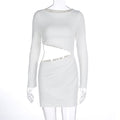 Women Clothing Autumn Winter Sexy Hollow Out Cutout Cropped round Neck Slim Sheath Dress White
