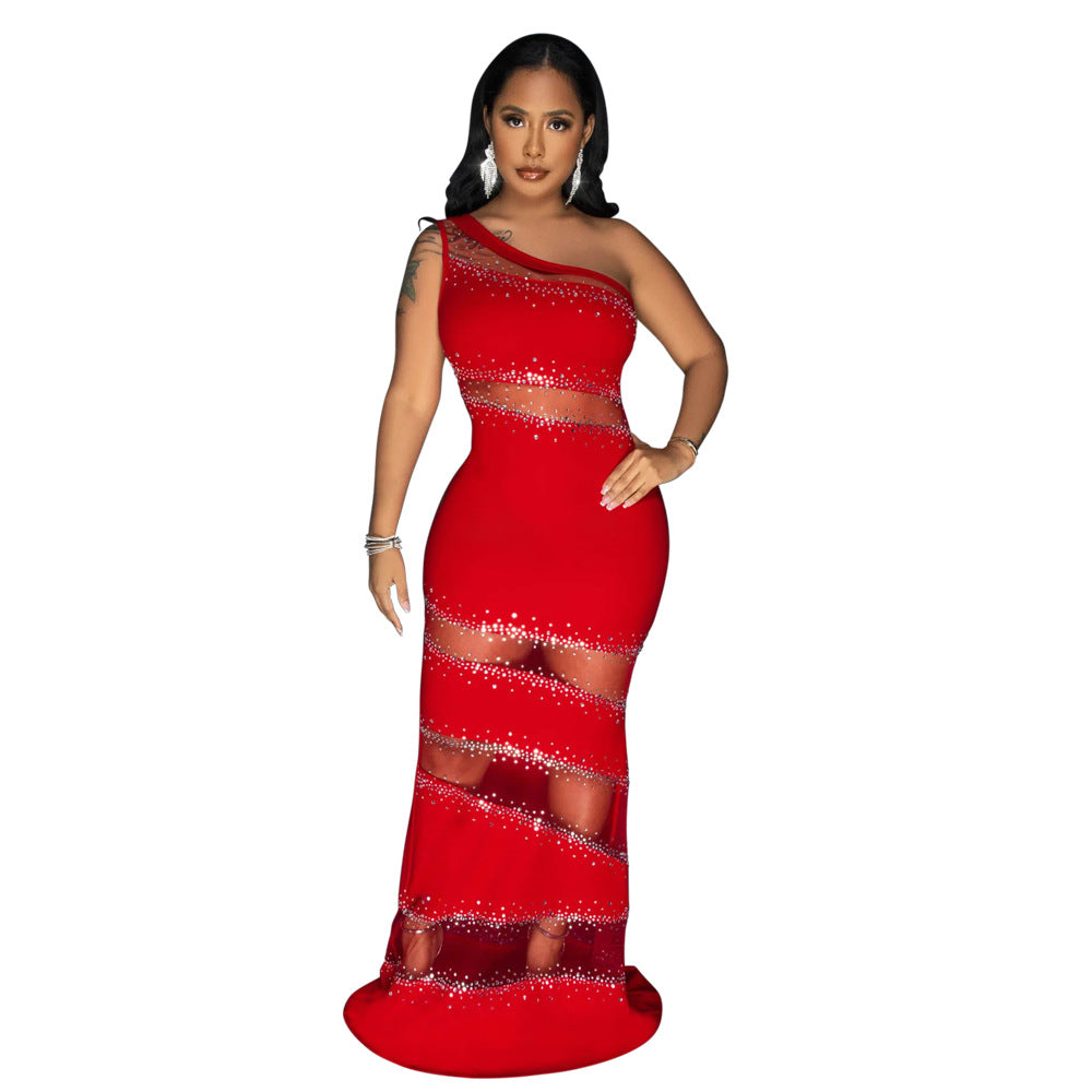 Sleeveless Dress Tribute Stitching Mesh Drilling Solid Color Dress Women Sexy Dress Red