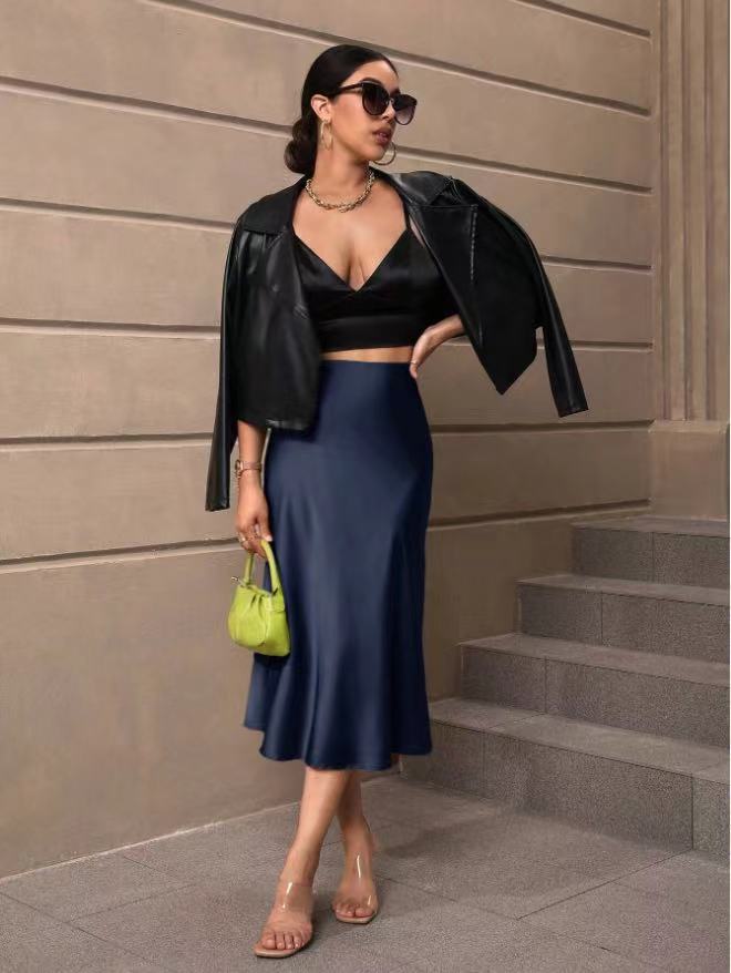 Hip Wrapped Fishtail Skirt Satin Mid Length Skirt Autumn Women Clothing Direct Navy Blue