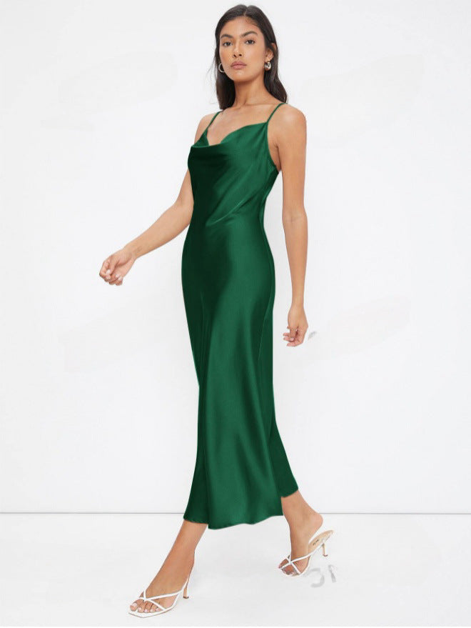 Women Clothing Spring Summer Satin Sling Deep V Plunge neck Slim Solid Color Dress Green