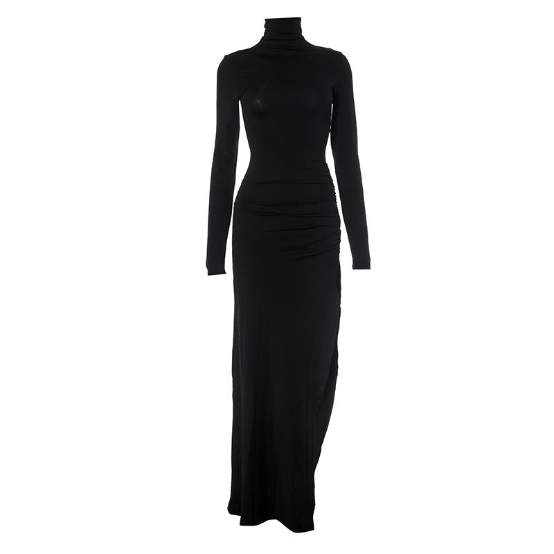 Autumn Solid Color Half High Collar Long Sleeves Slit Slim Fit Sexy Long Women Dress Black