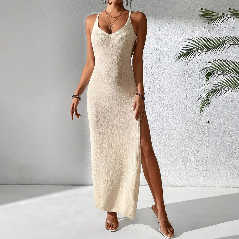 Sexy Hollow Out Cutout Sexy Slim Fit See through Split Suspender Dress Knitted Beach Dress Women White