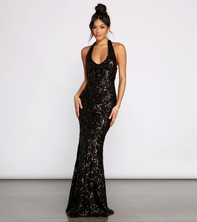 Women Clothing Sexy Hanging Collar Sequ Dress All Matching Formal Dress Black