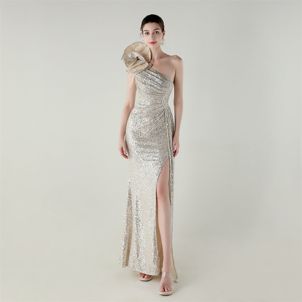 Craft Floral Beaded One Shoulder Diagonal Collar Fishtail Evening Dress Dinner Wedding Awards Ceremony Social Dress Apricot silver
