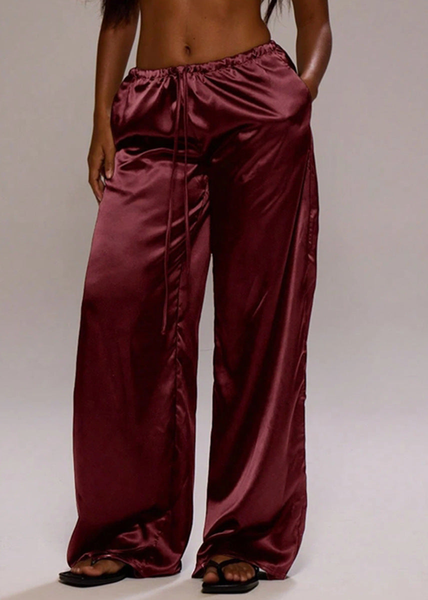 Women Clothing Trendy Autumn Satin Satin Casual Pants Loose Wide Leg Drawstring Long Pants Burgundy