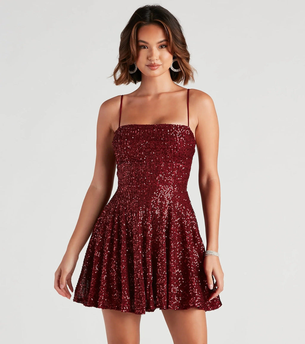 Summer Casual Sexy Sequined Suspender A line Dress Elegant Red