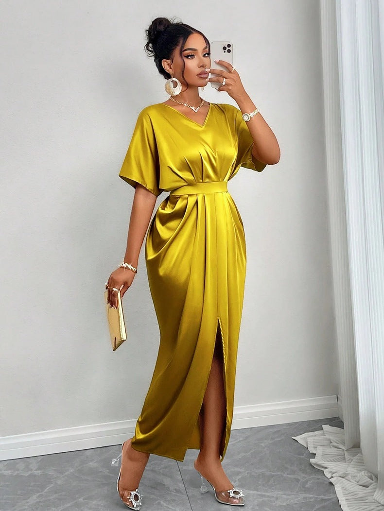 Women Clothing Early Autumn Satin Dress Ball Gown Satin Waist Tight Maxi Dress Yellow