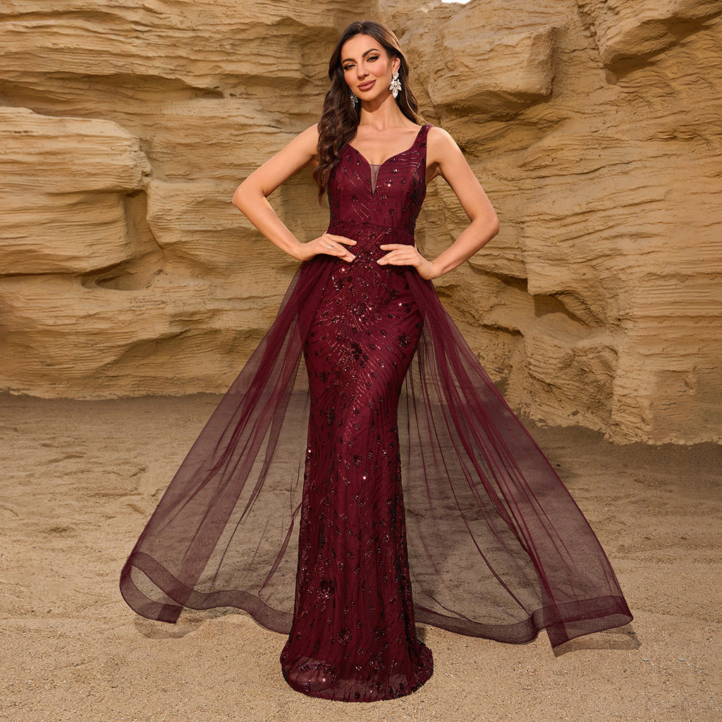 Sequin Stitching Mesh V neck U Back Party Mermaid Dress Classic Wine Red Party Dress Burgundy