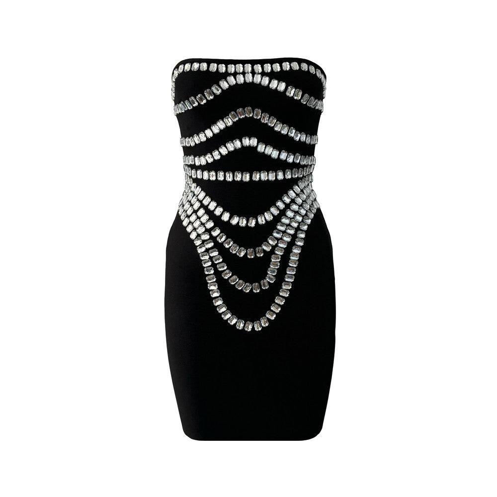 Handmade Beaded Rhinestone Sexy off the Shoulder Bandage One-Piece Dress Slim Party Gathering Evening Dress Black